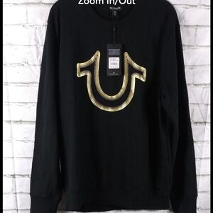 NWT True Religion Black Long Sleeve Tee with Gold Logo